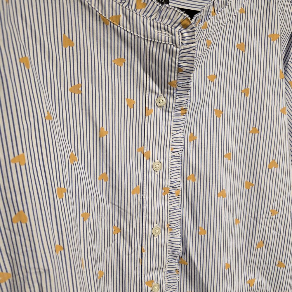 Talbots Size 3X Ruffle Band Collar Poplin Button Down Stripe Gold Heart Cotton - Picture 3 of 10